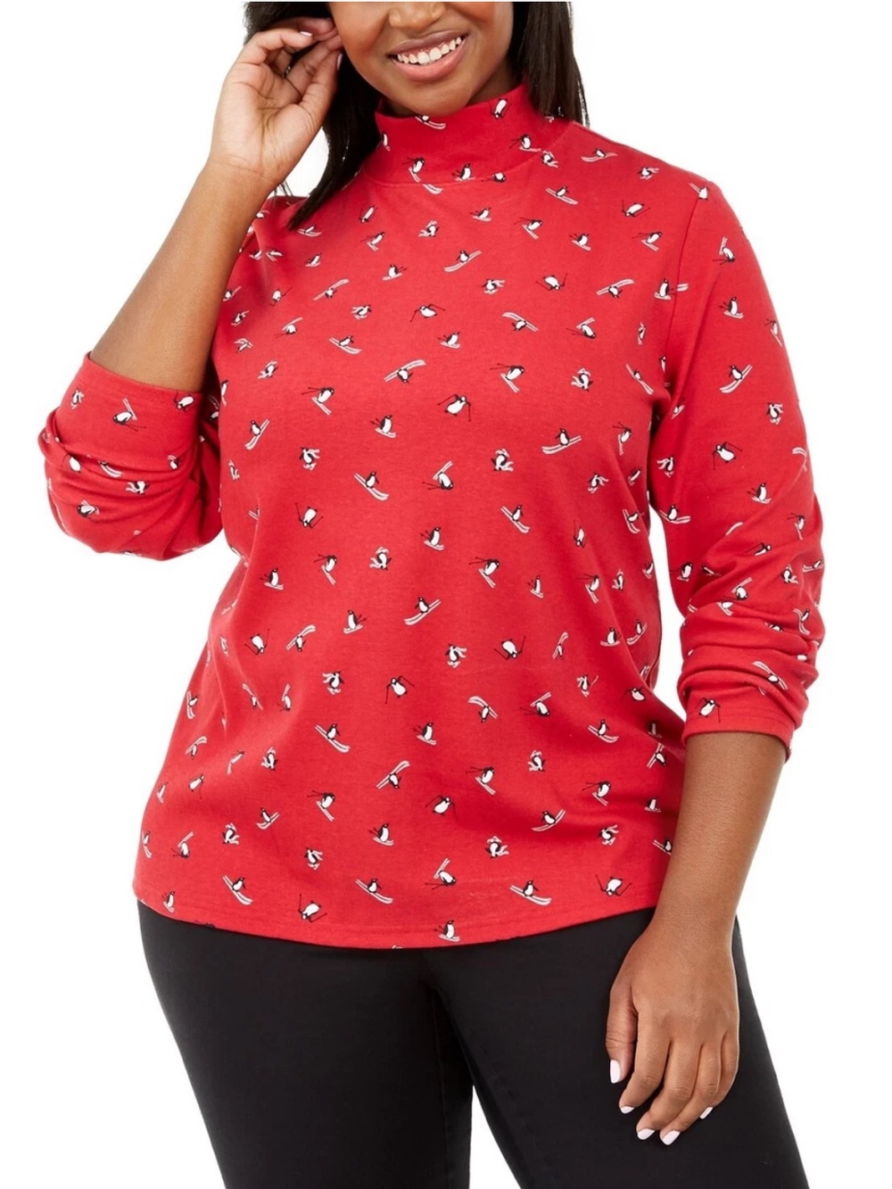 Karen Scott Top Women’s 0X Red Skiing Penguins Mock Neck Holiday Festive Winter